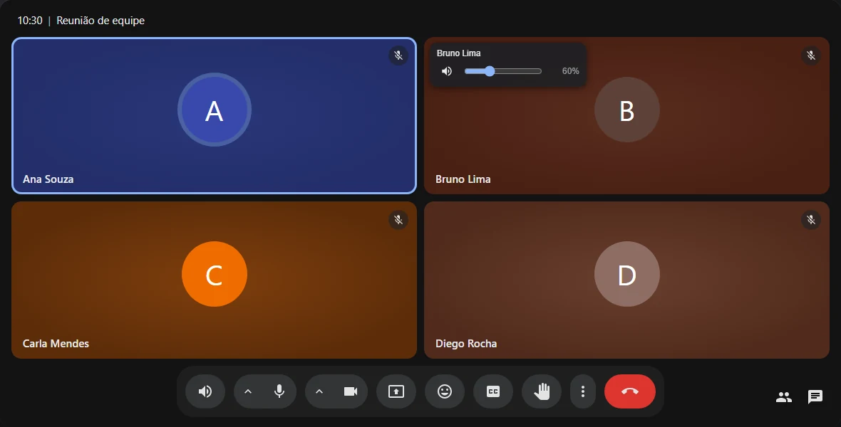 Controle de volume aparecendo sobre o vídeo de um participante
